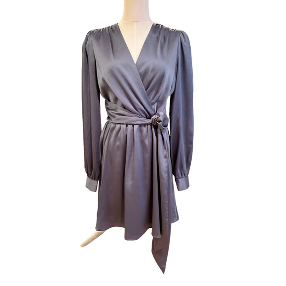 Express Satin Gray Faux Wrap Long Sleeve Tie Mini Dress Cocktail Size Small - Picture 1 of 10